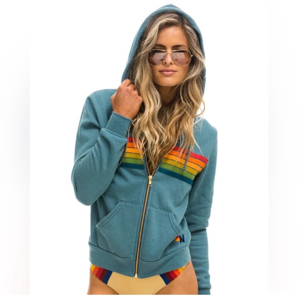 Aviator Nation Grey Blue Rainbow Striped Full Zip Hoodie sz XS